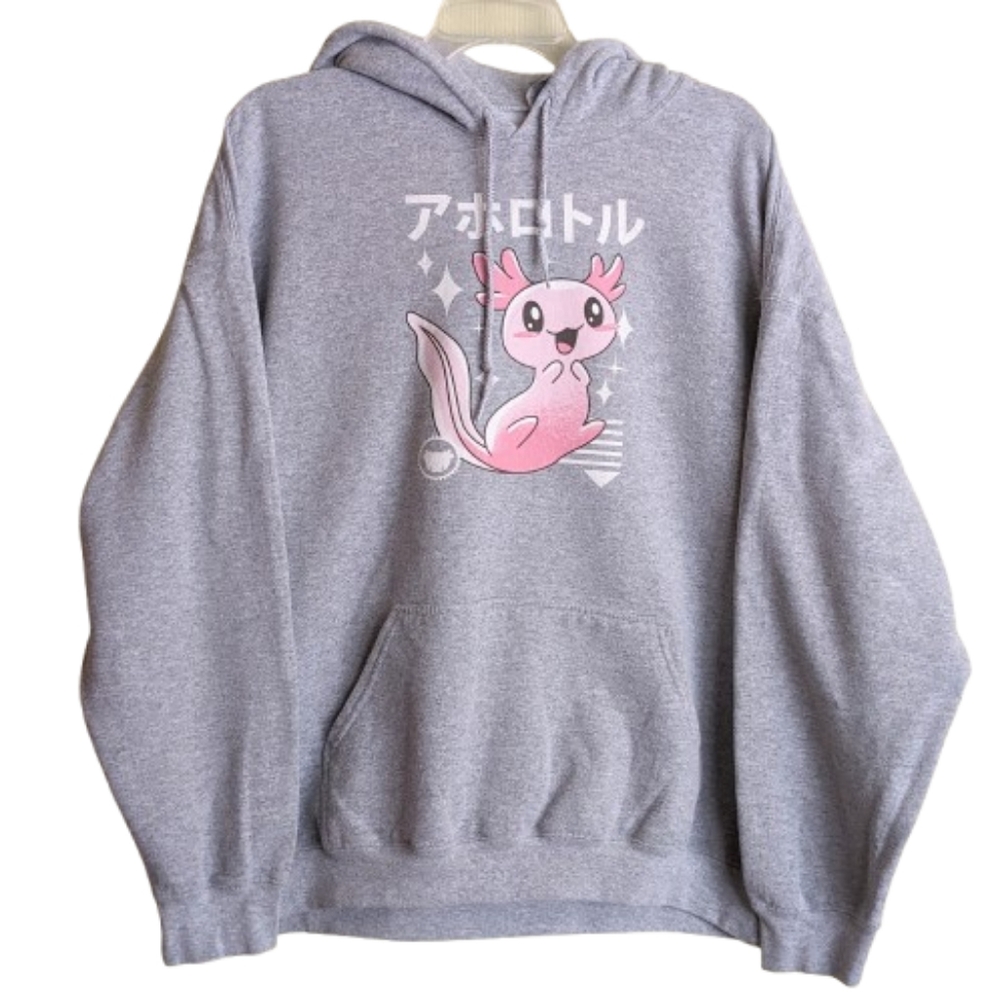 Hot Topic Kawaii Axolotl Graphic Hoodie Sweatshirt Gray Pink Kangaroo Po…